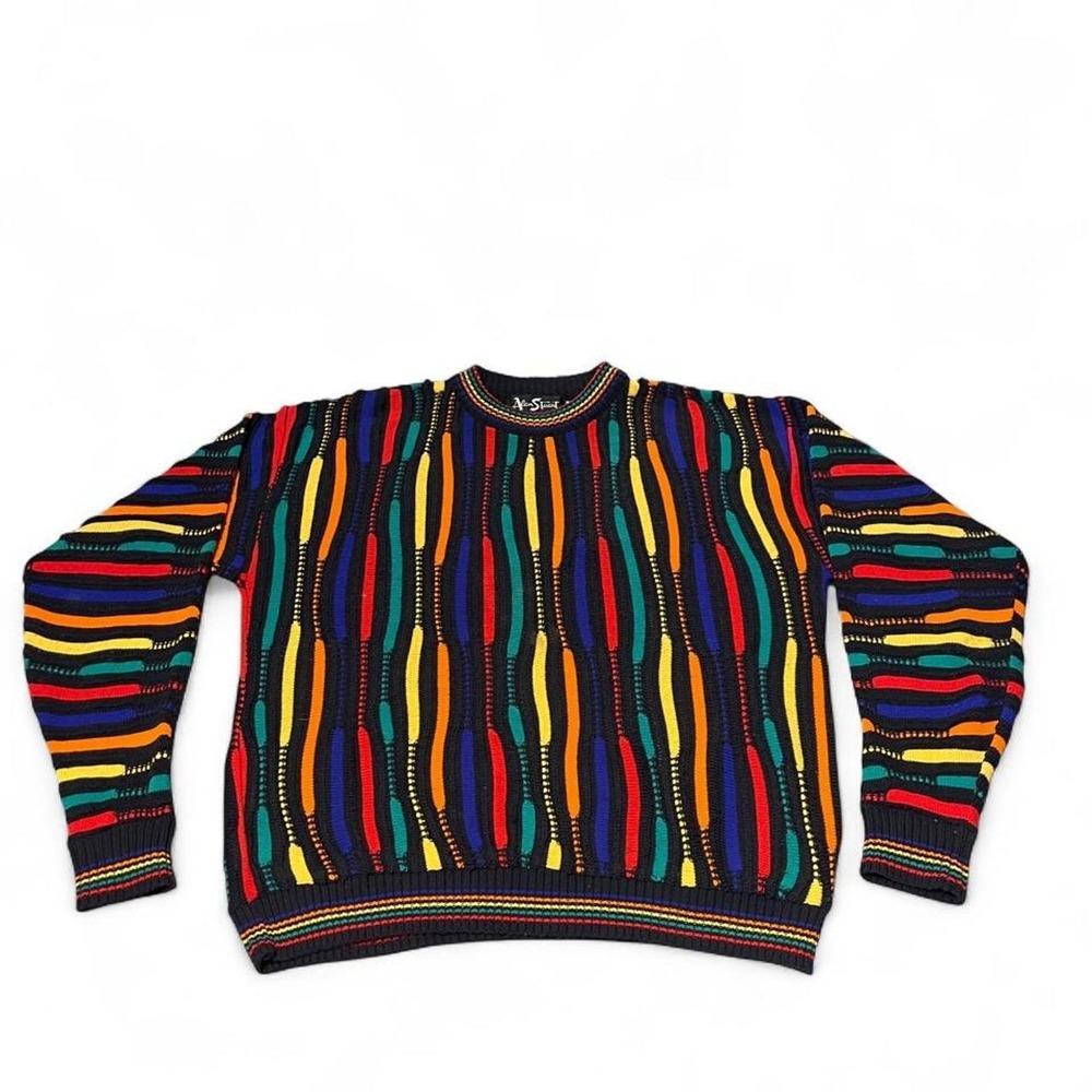 vintage Alan Stuart coogi-style multicolored striped sweater w/ vertical stripes